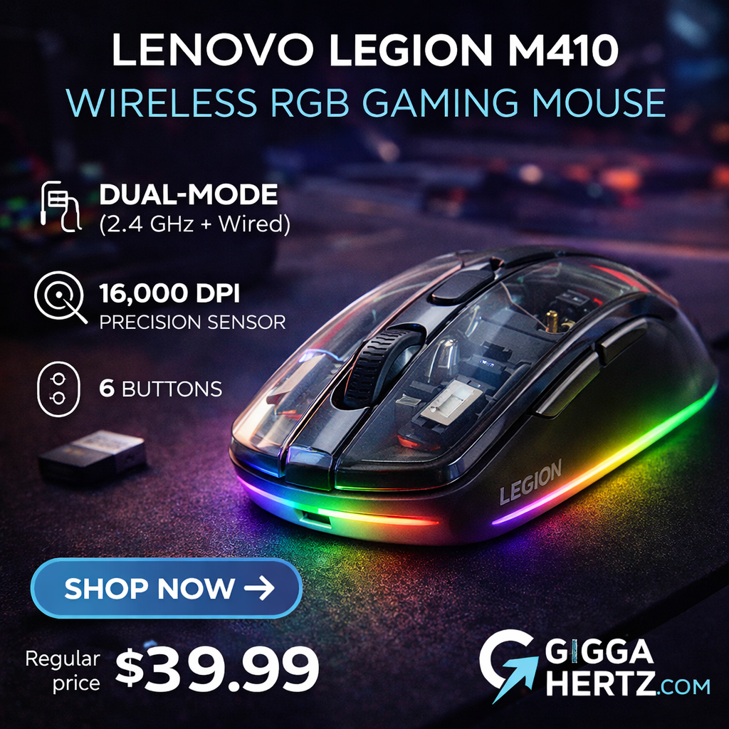 Lenovo Legion M410 Wireless RGB Gaming Mouse – 16,000 DPI, Dual‑Mode (2.4 GHz+Wired), 6 Buttons, RGB – Transparent Black