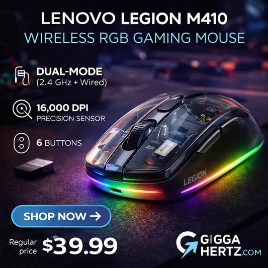 Lenovo Legion M410 Wireless RGB Gaming Mouse – 16,000 DPI, Dual‑Mode (2.4 GHz+Wired), 6 Buttons, RGB – Transparent Black