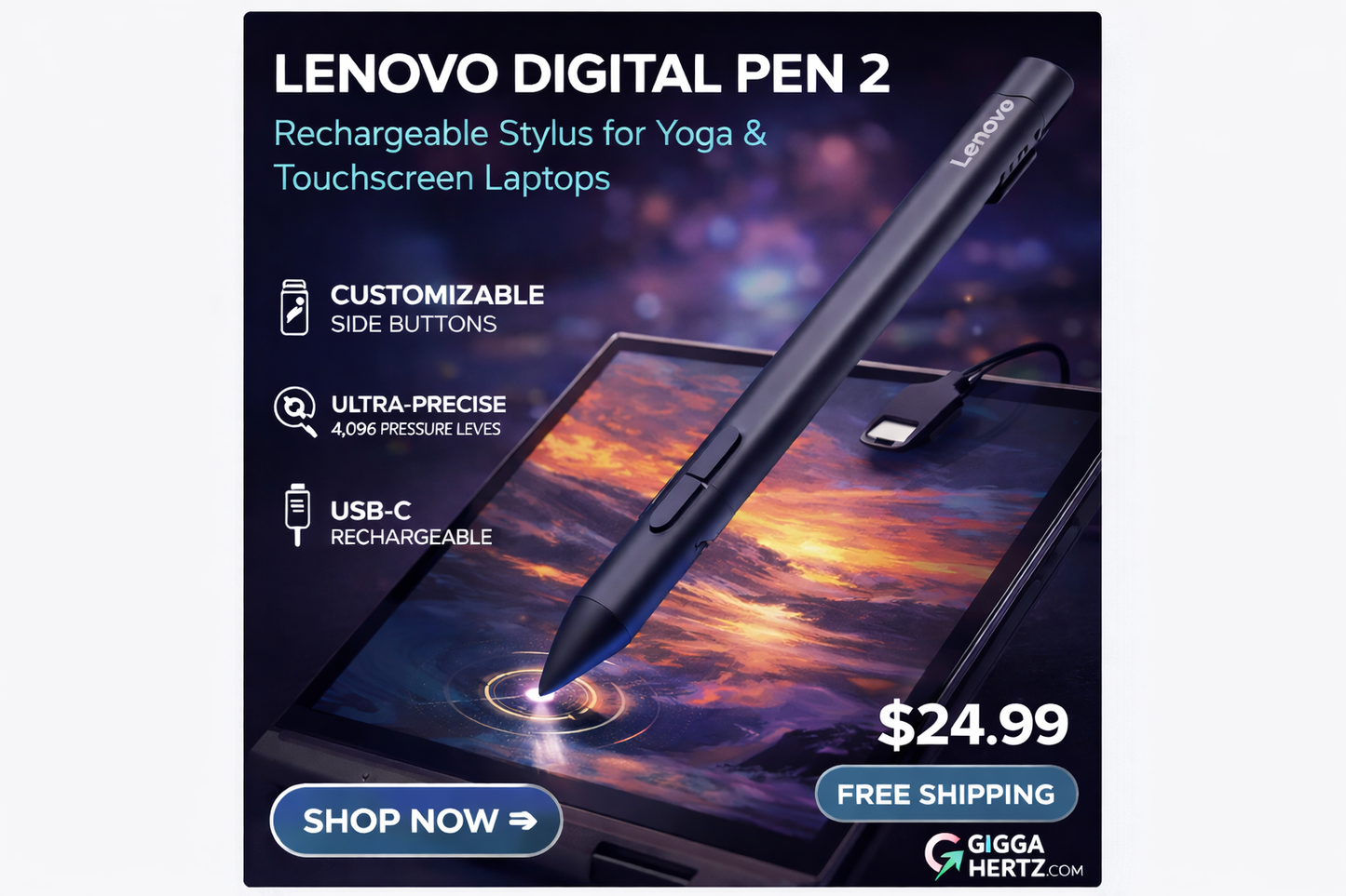 Lenovo Digital Pen 2 – Rechargeable Stylus for Yoga & Touchscreen Laptops | Bluetooth, Precision Tip – $24.99 + Free Shipping